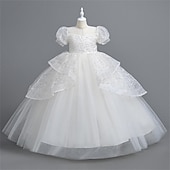 cheap Flower Girl&#039;s Dresses-Flower Girl Dress Girls&#039; Party Dress Performance Wedding Party Princess Beautiful Sweet Sequins Mesh Solid Color Short Sleeve Crew Neck White Pink 4-12 Years