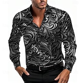 preiswerte Herren Satin Hemd-Herren Hemd Satinhemd Oberhemd Knopfhemd Blumen Party-Abendgarderobe Rote Blau Gold Grau Langarm Umlegekragen Sommer Frühling Bekleidung Knopf hoch