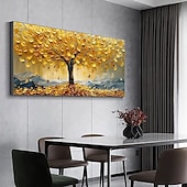 preiswerte Blumen-/Botanische Gemälde-3D-Ölgemälde mit goldenem Baum, handgefertigtes Ölgemälde mit goldenem Baum auf Leinwand, großes abstraktes strukturiertes Ölgemälde mit goldgelbem Baum, Lebensbaum-Gemälde, Wandkunst, individuelles