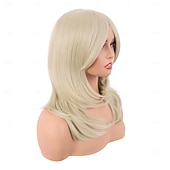 preiswerte Party Perücken-20 Zoll  50 cm lange gestufte Perücke mit Pony gerade synthetische Faser schulterlanges Haar für tägliche Nutzung oder Partyperücke (blond) Halloween-Perücken