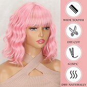 economico Parrucche da festa-Parrucche Corte con Frangia Parrucche Corte per Donne Parrucca Sintetica Ondulata Lunghezza Spalla per Halloween feste Cosplay