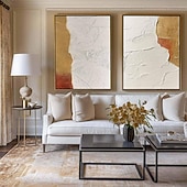 abordables Peintures Abstraites-peinture à l&#039;huile à texture dorée art mural fait à la main une paire de peintures minimalistes dorées et blanches sur toile grande peinture à texture dorée art mural minimaliste blanc