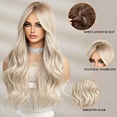 baratos Perucas de festa-Peruca Longa Cacheada Loira para Mulheres Cabelo Sintético com Franjas Peruca Ondulada com Raízes Escuras Cosplay Diário Alta Densidade Resistente ao Calor Perucas de Halloween