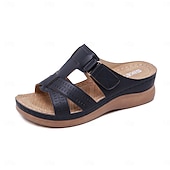 billiga Avslappnade sandaler-svarta slip-on-sandaler för kvinnor med utskuren design och bekväm sula för sommar- och fritidskläder