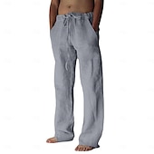 cheap Classic-Men&#039;s Linen Pants Trousers Summer Pants Beach Pants Pocket Drawstring Elastic Waist Plain Daily Streetwear Fashion Casual Black White