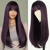 economico Parrucche da festa-parrucca lunga e dritta con frangia parrucche sintetiche a strati in fibra naturale resistente al calore per donne ragazze parrucche per feste di carnevale cosplay