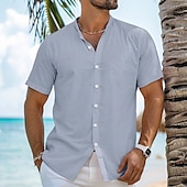 voordelige Vakantie-Voor heren Overhemd Linnen overhemd Zomer overhemd Strand Kleding Overhemd met bandkraag Overhemd met knopen Effen Vakantie Curise Zwart Wit blauw Oranje Korte mouw Band Kraag Zomer Kleding