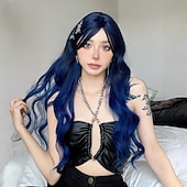 رخيصةأون باروكات الحفلات-باروكات صناعية لملابسuniforms، باروكات كوسبلاي للأميرات، شعر متموج وعامد بتقنية منتصف الرأس، باروكات مصنوعة بآلة، 28 بوصة باللون الأسود/الأزرق الياقوتي، باروكات كوسبلاي للنساء في حفلات الموضة الزرقاء