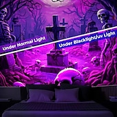 baratos tapeçarias de parede de halloween-Tecido de Halloween Caveiras Tecido de Luz Negra Reativo UV Brilho no Escuro Cemitério Nebuloso Pendurado Arte de Parede Mural para Sala de Estar Quarto