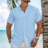 voordelige Vakantie-Voor heren Overhemd Linnen overhemd Zomer overhemd Strand Kleding Overhemd met bandkraag Overhemd met knopen Effen Vakantie Curise Zwart Wit blauw Oranje Korte mouw Band Kraag Zomer Kleding