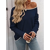 cheap Graphic Patterns &amp; Details-Women&#039;s Sweater Stylish Color Block Chunky One Shoulder Knitted Long Sleeve Long Tops Knit Daily Red Navy Blue Fall Winter