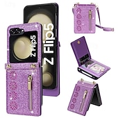 お買い得  サムスン用ケース-電話 ケース 用途 サムスンのギャラクシー Zフリップ7 Zフリップ6 Z Flip 5 Z Flip 4 Z Flip 3 フリップカバー ジッパ－ ストラップ付き ブリンブリングリッターシャイニー レトロ風 PC PUレザー