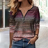 billige Boho t-skjorte-Dame T skjorte Grafisk Mote Langermet V-hals Halv glidelås Vanlige topper Daglig Helg Trykt mønster Quarter Zip Blå Brun Grønn Vår &amp; Vinter