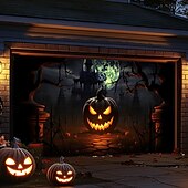 billige Halloween garasjeportdeksel-halloween dørdekorasjoner utendørs halloween garasjedørdeksel jack o lanterne gresskar slott banner skummel skog stort bakteppe dekorasjon for ferie utendørs garasjedør hjem veggdekorasjoner