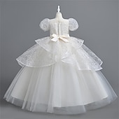 cheap Flower Girl&#039;s Dresses-Flower Girl Dress Girls&#039; Party Dress Performance Wedding Party Princess Beautiful Sweet Sequins Mesh Solid Color Short Sleeve Crew Neck White Pink 4-12 Years