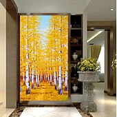 abordables Peintures paysages-grand art peint à la main vertical jaune tan bouleau forêt automne paysage peinture épaisse couteau à palette peinture à l&#039;huile sur toile sans cadre