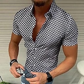 cheap Geometric Pattern-Men&#039;s Geometric Pattern Lattice Shirt Short Sleeve Designer Beach Casual Summer Turndown Print Black White Red Blue Green