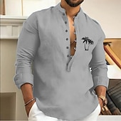economico Camicie Popover da Uomo-Per uomo Camicia Camicia minimalista Aloha Camicia con colletto cinese Camicia con colletto alla coreana Camicia popover Camicia Estiva Bianco Rosa Verde Grigio Manica Lunga Albero di Cocco Collo
