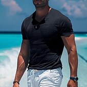 economico T-shirt in Cotone e Lino-Per uomo Maglietta Maglie traspiranti Manica Corta Scollo a V Semplice Sport Essenziale Casual Casuale Blu chiaro Nero Bianco Maglietta Top per Uomo