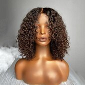 abordables Perruques à dentelle frontale-Perruque Cheveux vierges non transformés 13x4 devant en dentelle Cheveux Brésiliens Bouclé Ondulation Marron Bob court Femme Densité 130% 150% avec des cheveux de bébé Cheveux Colorés Ligne de