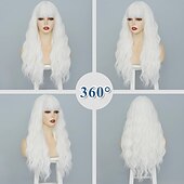 economico Parrucche da festa-parrucca con frangia lunga naturale ondulata parrucche sintetiche per donne 26 pollici di lunghezza parrucche in fibra resistenti al calore per uso in festa cosplay parrucche di carnevale