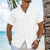 voordelige Vakantie-Voor heren Overhemd Linnen overhemd Zomer overhemd Strand Kleding Overhemd met bandkraag Overhemd met knopen Effen Vakantie Curise Zwart Wit blauw Oranje Korte mouw Band Kraag Zomer Kleding
