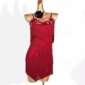 abordables Ropa de baile latino-Vestido de baile latino con bordado de borlas para mujer, trajes de baile sin mangas para entrenamiento de rendimiento, rumba, salsa, samba