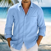 preiswerte Urlaub-Herren Hemd leinenhemd Guayabera Hemd Sommerhemd Strandbekleidung Knopfhemd Glatt Urlaub Curise Schwarz Weiß Dunkelmarine Khaki Langarm Kragen Frühling Sommer Bekleidung