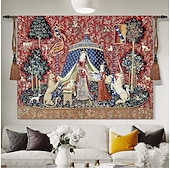 cheap Jacquard Woven Tapestries-Jacquard Woven Medieval Tapestry Gobelin Aubusson The Lady and The Unicorn Loom Cotton Weave Wall Art Hanging Larger Tapestry Historic Middle Ages Tapestry Reproduction (without tassels and rod)