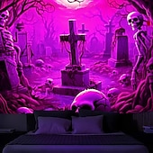 baratos tapeçarias de parede de halloween-Tecido de Halloween Caveiras Tecido de Luz Negra Reativo UV Brilho no Escuro Cemitério Nebuloso Pendurado Arte de Parede Mural para Sala de Estar Quarto