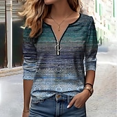 billige Boho t-skjorte-Dame T skjorte Grafisk Mote Langermet V-hals Halv glidelås Vanlige topper Daglig Helg Trykt mønster Quarter Zip Blå Brun Grønn Vår &amp; Vinter