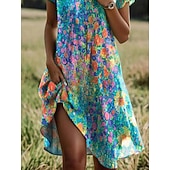 preiswerte Lässige Blumenkleider-Damen kleid lang Boho Chic Kleider Sommerkleid Strandkleid Tropisch Brautkleider schlicht Boho Urlaub Arbeit Täglich Regular Fit Ditsy Blumig Kurzarm V Ausschnitt Kargen Braun Regenbogen Sommer