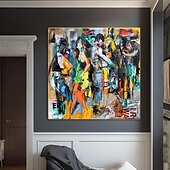 お買い得  人物画-大きな抽象キャンバス画、大きな手作りの壁アート、具象画、カラフルな壁アート、抽象人物油絵、手作りのポップアート油絵、プリントコラージュアート油絵