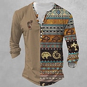 Men's Aztec T shirt Henley Shirt Long Sleeve 3D Print Designer Retro Vintage Ethnic Street Casual Daily Summer Spring Fall Brown Henley Henley T-Shirt 5