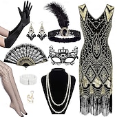 ieftine Rochii din anii 1920-Set Urlați 20 de ani Anii 1920 Lungime Genunchi Rochie Flapper Ținute Rochie de bal cu accesorii Fără mâneci Gatsby Charleston Invitat la nuntă Paiete Franjuri Pană În V Costume de fancy Pentru femei