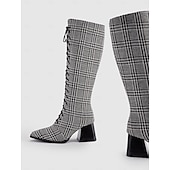 billige Mote støvler-vintage svart-hvitt rutete lace-up knehøye støvletter for kvinner med blokkhæl for uformell høst- og vintermote