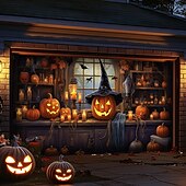 billige Halloween garasjeportdeksel-halloween dørdekorasjoner utendørs halloween garasjedørdeksel jack o lanterne gresskar slott banner skummel skog stort bakteppe dekorasjon for ferie utendørs garasjedør hjem veggdekorasjoner