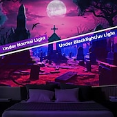 baratos tapeçarias de parede de halloween-Tecido de Halloween Caveiras Tecido de Luz Negra Reativo UV Brilho no Escuro Cemitério Nebuloso Pendurado Arte de Parede Mural para Sala de Estar Quarto