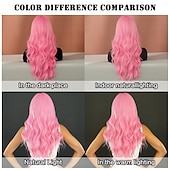 cheap Party Wigs-Long Wavy Pink Wig 24in Natural Heat Resistant Fiber Synthetic Curly Light Pink Wigs with BangsHalloween Cosplay Party Wigs