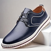 baratos Casual-sapatos masculinos casuais azul marinho - elegantes oxfords de couro com cordões e sola branca para negócios e uso diário
