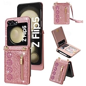 お買い得  サムスン用ケース-電話 ケース 用途 サムスンのギャラクシー Zフリップ7 Zフリップ6 Z Flip 5 Z Flip 4 Z Flip 3 フリップカバー ジッパ－ ストラップ付き ブリンブリングリッターシャイニー レトロ風 PC PUレザー