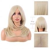 preiswerte Party Perücken-20 Zoll  50 cm lange gestufte Perücke mit Pony gerade synthetische Faser schulterlanges Haar für tägliche Nutzung oder Partyperücke (blond) Halloween-Perücken