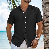 voordelige Vakantie-Voor heren Overhemd Linnen overhemd Zomer overhemd Strand Kleding Overhemd met bandkraag Overhemd met knopen Effen Vakantie Curise Zwart Wit blauw Oranje Korte mouw Band Kraag Zomer Kleding