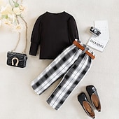 preiswerte Sets-Mädchen 3D Feste Farbe Plaid T-Shirt &amp; Hose Set Langarm Sommer Brautkleider schlicht Streetstyle Baby 1-5 Jahre Rundhalsausschnitt Outdoor Lockere Passform