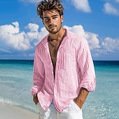 voordelige heren overhemd met knopen-Voor heren Overhemd Zomer overhemd Strand Kleding Overhemd met knopen Normaal shirt Gestreept shirt Blozend Roze Groen Donkergrijs Licht Blauw Lange mouw Effen Band Kraag Dagelijks Vakantie Splits
