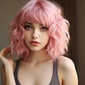 voordelige Feestpruiken-koningsdag pruiken pruik voor vrouwen pastel losse golvende pruik met pony schouderlengte bob synthetische cosplay pruik voor meisjes kleurrijke kostuumpruiken