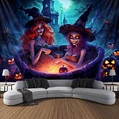 Halloween Decorations Pumpkin Blacklight Tapestry UV Reactive Glow in the Dark Trippy Misty Hanging Tapestry Wall Art Mural for Living Room Bedroom Poison Witch 18
