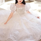 olcso Virágos ruhák-Girls &#039; 3D Tömör szín Virágos lány ruha Party ruha Rövid ujjú Nyár Teljesítmény Esküvő Parti Hercegnő gyönyörű Édes Gyerekek 4-12 év Party ruha Swing ruha Tüllruha Maxi Normál