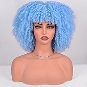 abordables Perruques historiques-Perruques courtes crépues pour femmes noires perruque afro bouclée avec frange perruque afro bleue entièrement fabriquée à la machine bouclée et moelleuse pour Halloween et soirées cosplay