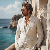 billiga Herrarnas Elite Ytterkläder-Herr Kavajjacka Bröllop Fest Ledigt Elegant Semester Sommar Vår Linne Ensfärgat Enkelknäppt med Två Knapphål Blazer Blå Beige